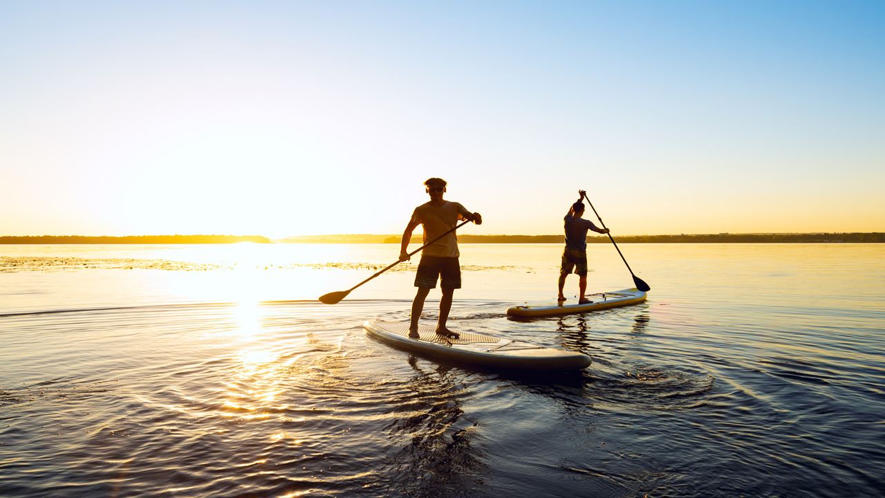 Praticar Stand-Up Paddle Ao Pôr Do Sol Na Baía